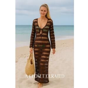Elexiay Long Sleeve Crochet Maxi Swim Cover Up Small Brown NEW